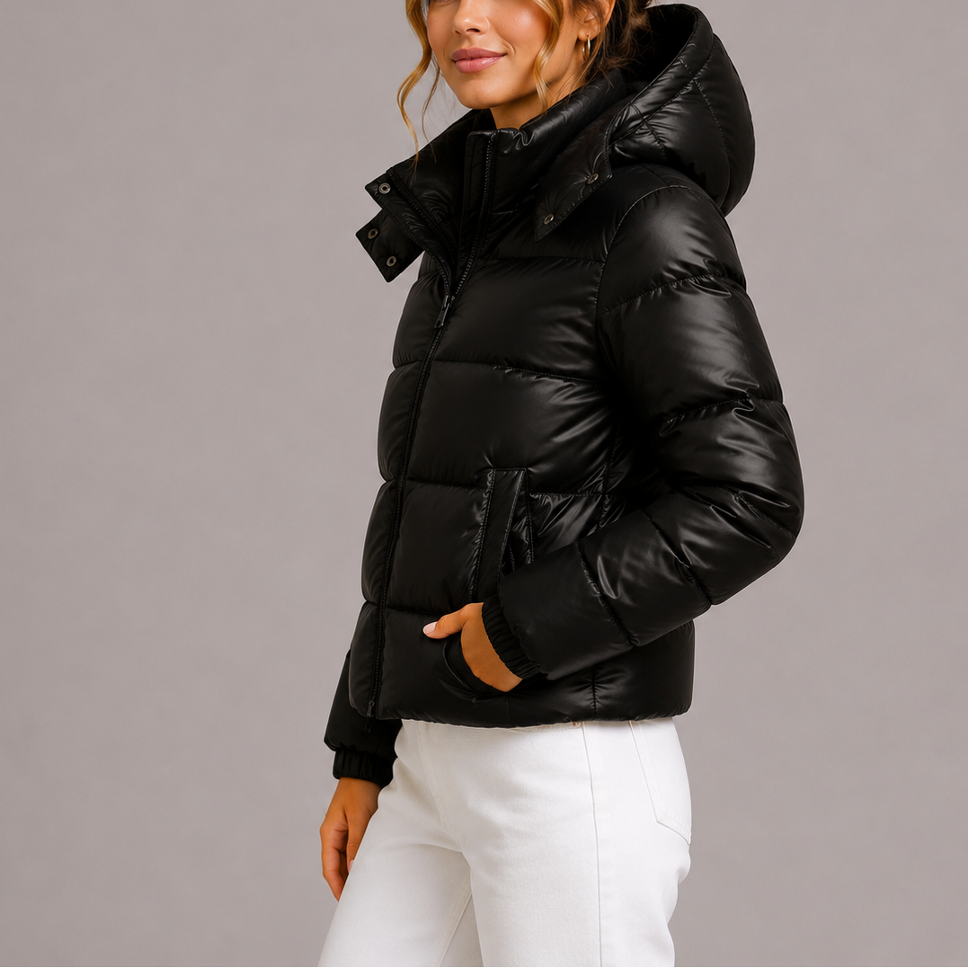 Vue de profil de la veste noire portée par une mannequin, capuche relevée 3