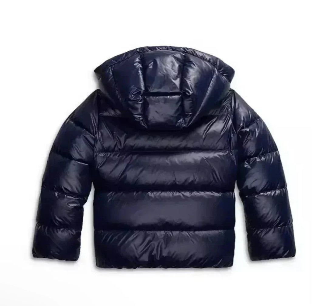 Dos de la veste bleu marine brillante avec sa capuche, présentée à plat 6