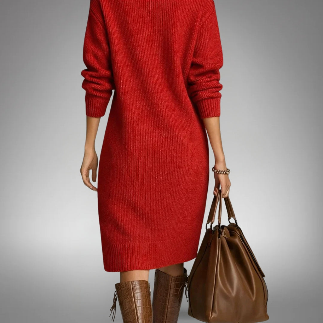 Robe rouge vue de dos, maille côtelée, poignets et bas côtelés, sac marron à la main 5