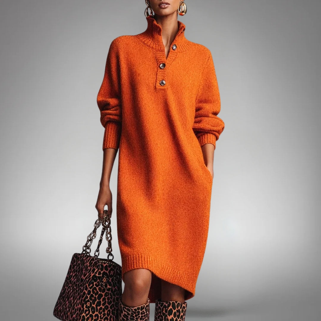 Femme portant la robe orange en maille, main dans la poche, sac léopard et bottes assorties 1