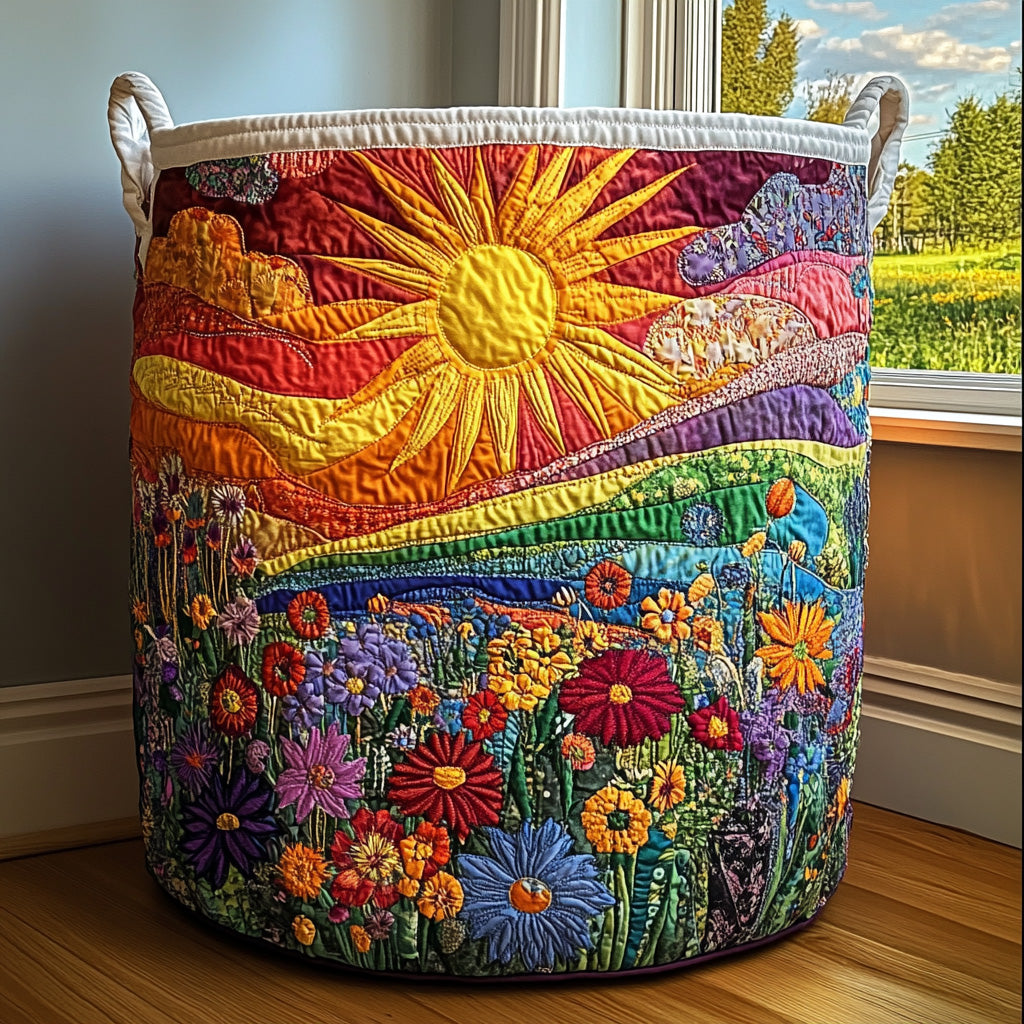 Panier matelassé rond posé près d'une fenêtre, décor patchwork d'un grand soleil jaune au-dessus d'un champ de fleurs colorées, deux anses blanches. 1