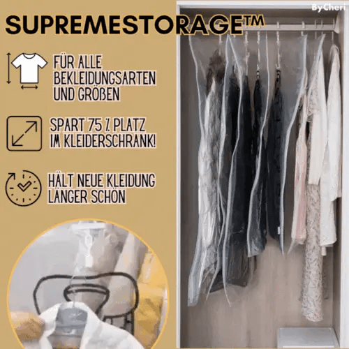 Housses sous vide transparentes suspendues dans une armoire avec des vêtements sombres et clairs, plus un gros plan sur un manteau dans sa housse. 1