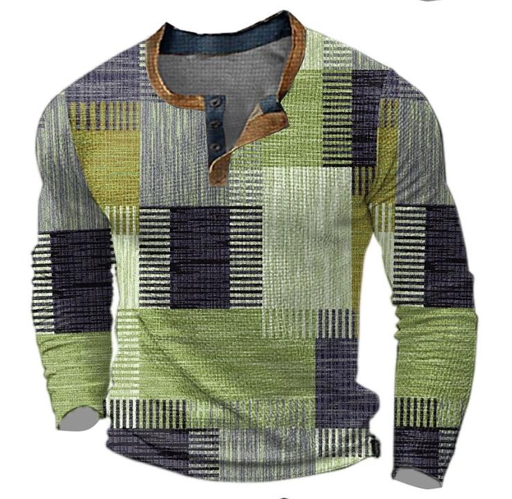 Même sweatshirt à col boutonné en version verte, avec blocs géométriques rayés vert clair, gris et violet foncé. 2
