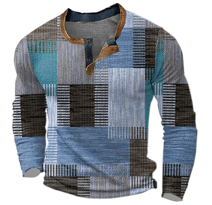 Version bleue du sweatshirt à col boutonné, blocs géométriques rayés bleu clair, turquoise, gris et brun foncé. 3