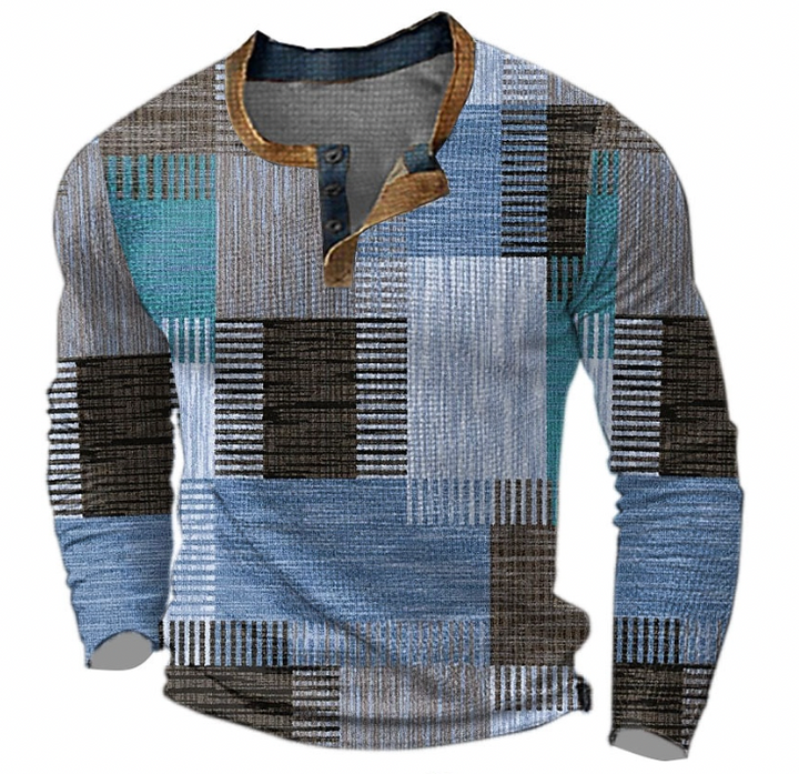 Version bleue du sweatshirt à col boutonné, blocs géométriques rayés bleu clair, turquoise, gris et brun foncé. 3