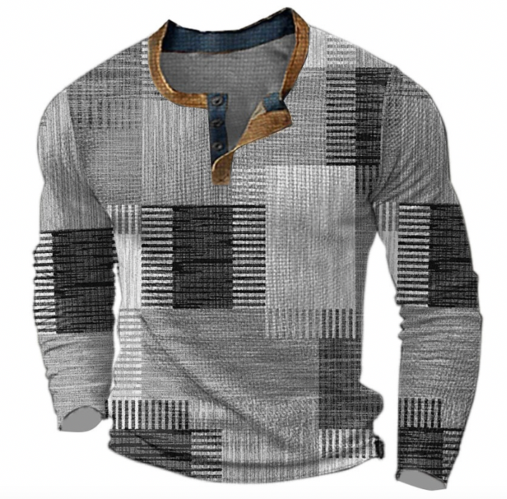 Version grise du sweatshirt à col boutonné, motif de blocs géométriques rayés en nuances de gris clair et foncé. 4