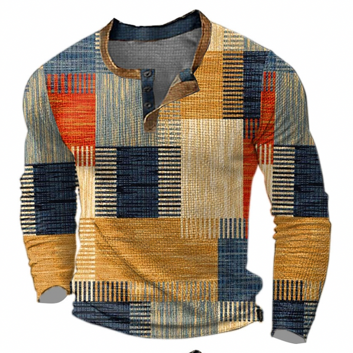 Vue de face du sweatshirt à col boutonné, motif de blocs géométriques rayés orange, jaune moutarde, bleu marine et beige. 1