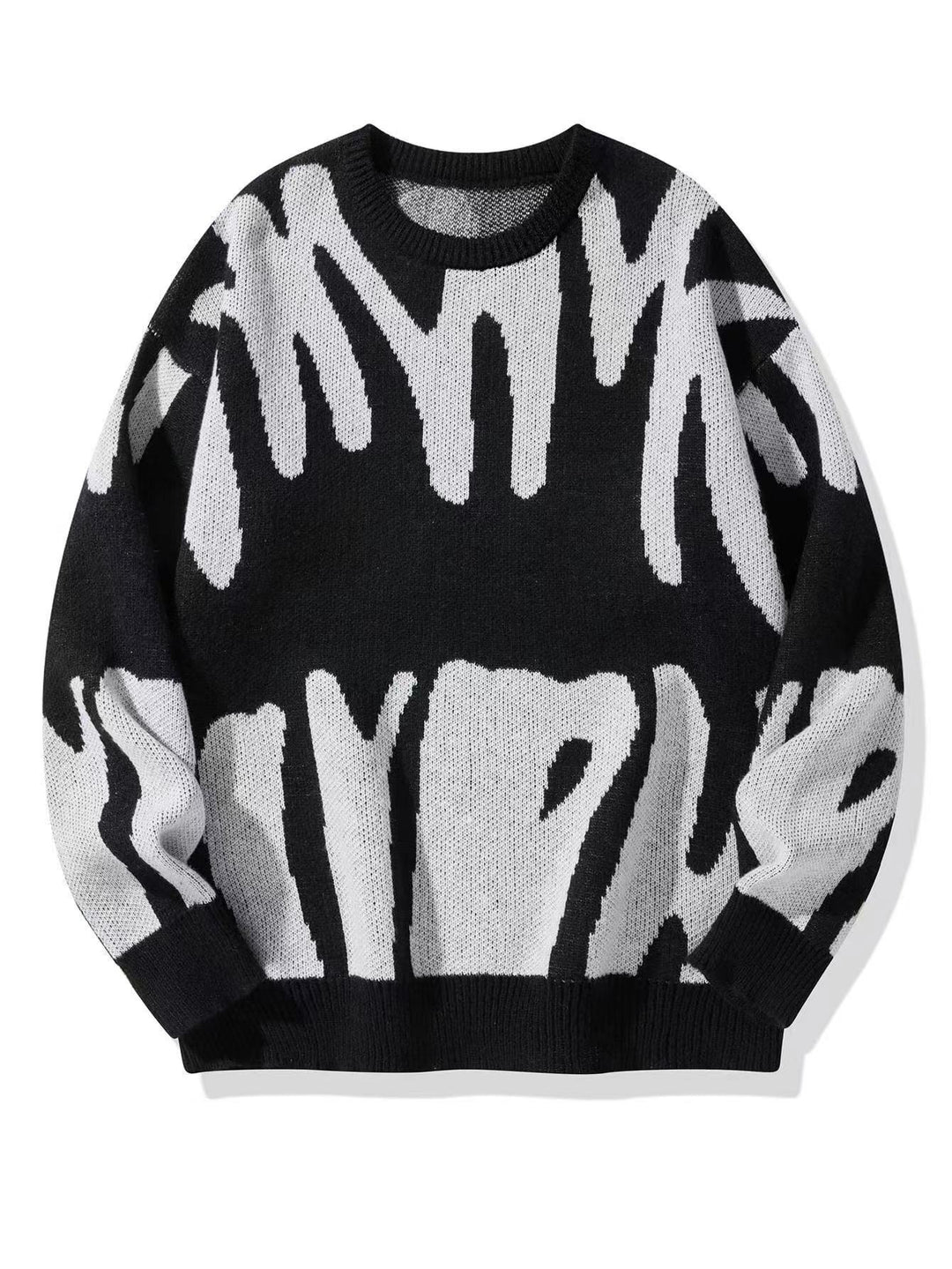 Pull en maille noir à grand motif abstrait blanc cassé, vu de face, à plat 2
