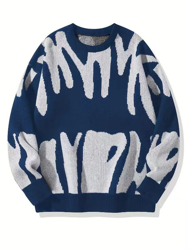 Pull en maille bleu marine à motif abstrait blanc cassé, vu de face, à plat 3
