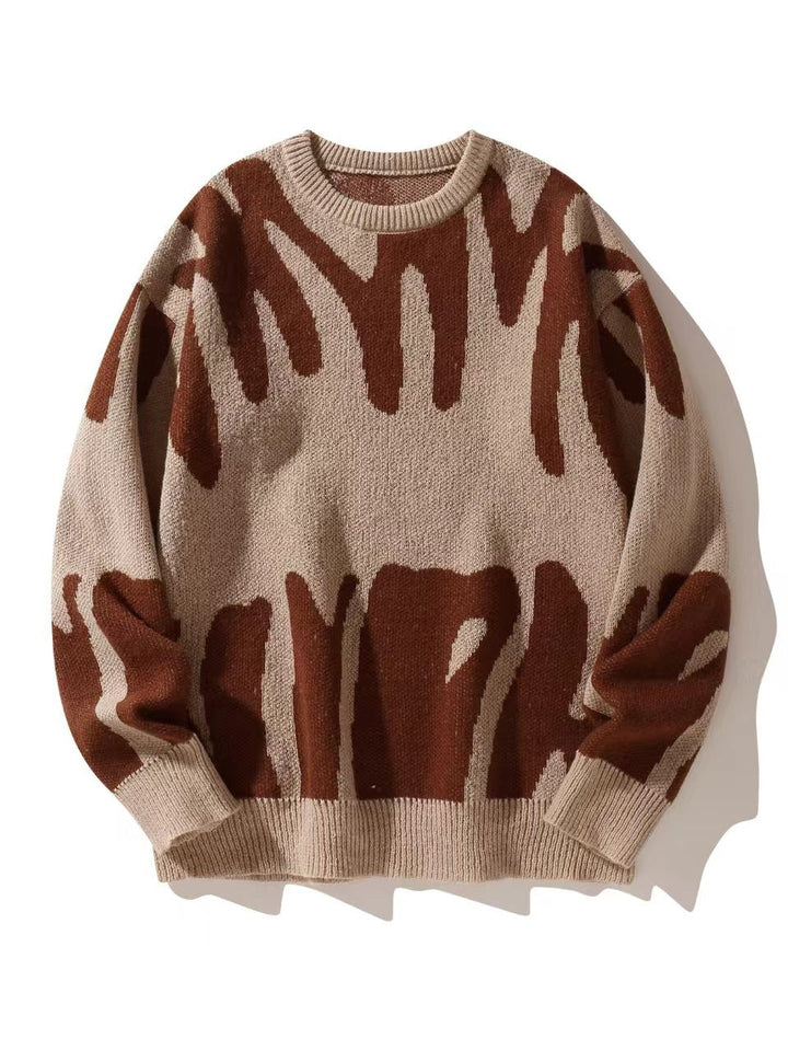 Pull en maille beige à motif abstrait marron, vu de face, à plat 5