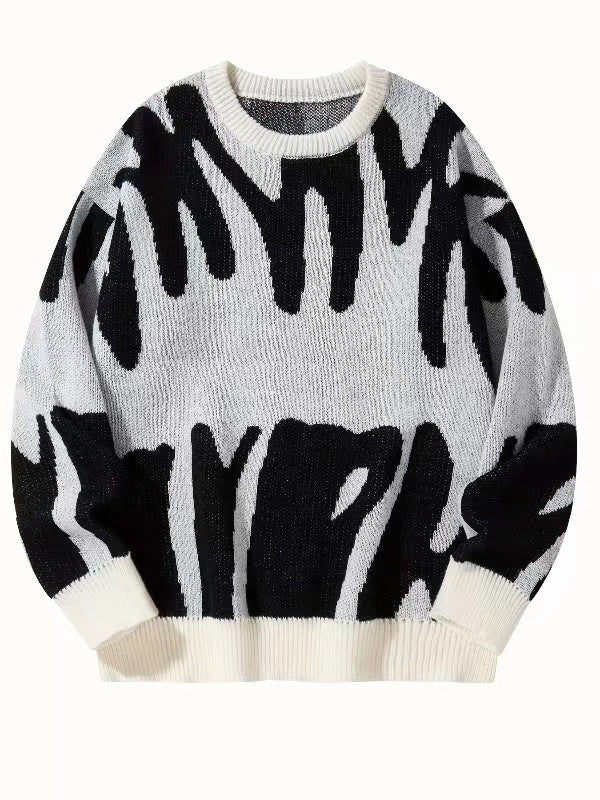 Pull en maille blanc cassé à motif abstrait noir, vu de face, à plat 6