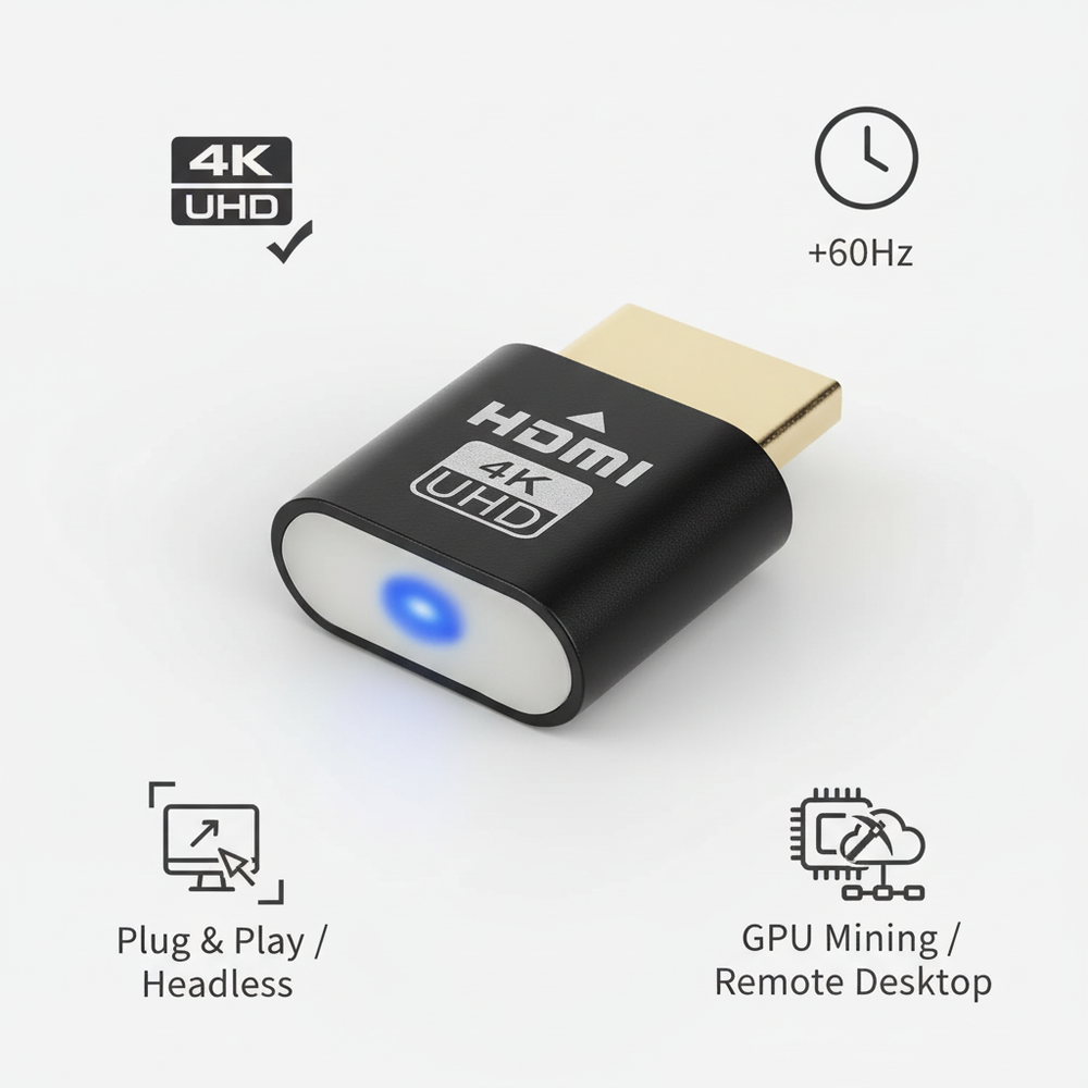 Embout HDMI noir entouré de pictogrammes illustrant la compatibilité 4K, le 60 Hz, le branchement direct et l'usage sans écran. 2