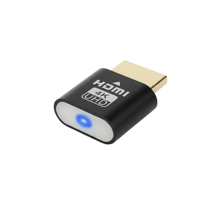 Embout HDMI noir avec connecteur doré et voyant lumineux bleu sur la face avant, présenté seul sur fond blanc. 1