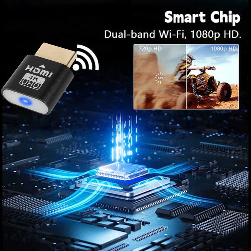 Embout HDMI noir avec symbole Wi-Fi, au-dessus d'une puce électronique lumineuse et d'une comparaison d'image 720p et 1080p. 4