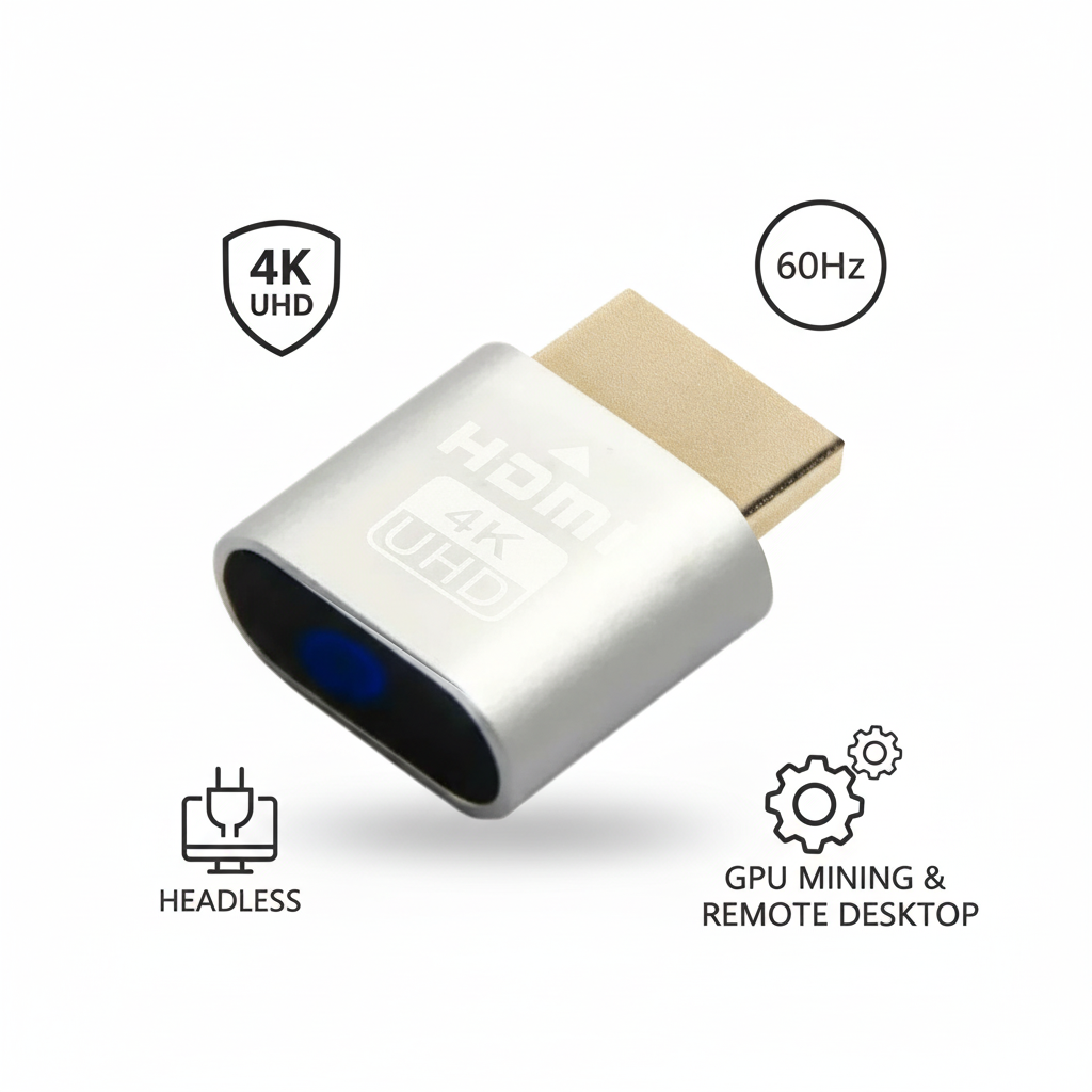 Embout HDMI argenté à voyant bleu, entouré de pictogrammes évoquant la 4K, le 60 Hz, l'usage sans écran et le minage. 11