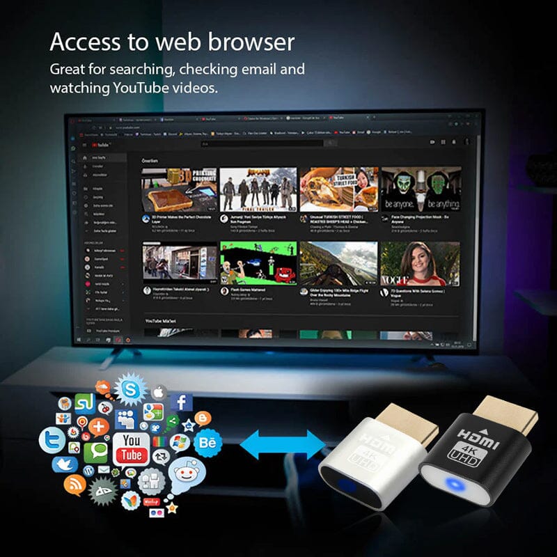 Deux embouts HDMI, un argenté et un noir, devant un téléviseur affichant un navigateur web et des icônes d'applications. 6