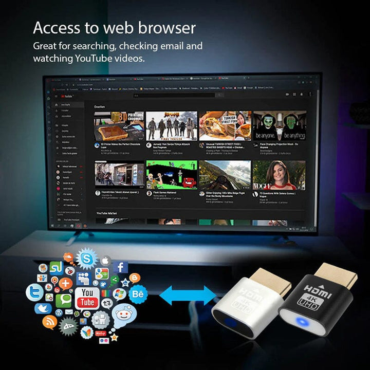 Deux embouts HDMI, un argenté et un noir, devant un téléviseur affichant un navigateur web et des icônes d'applications. 6