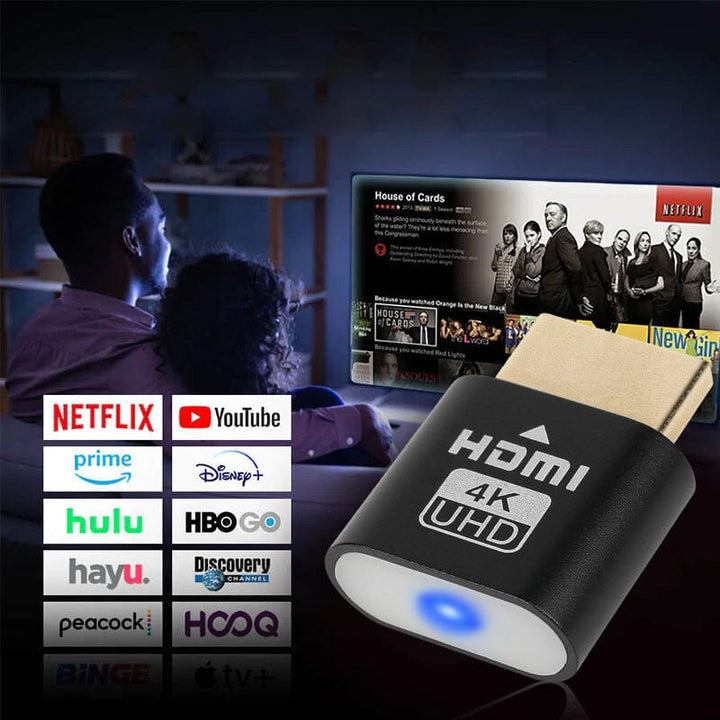 Embout HDMI noir au premier plan, devant un couple regardant une série sur téléviseur, avec des logos de services de streaming. 8