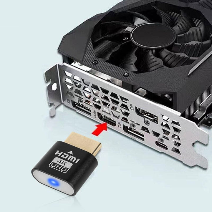Embout HDMI noir et flèche rouge indiquant le port HDMI d'une carte graphique équipée d'un ventilateur. 9