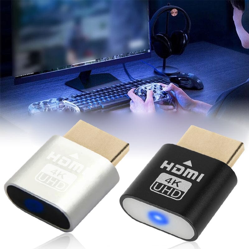 Un embout HDMI argenté et un noir côte à côte, devant un poste de jeu avec manette, clavier et casque. 10