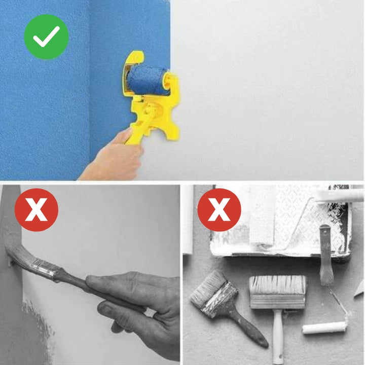 Comparaison: l'outil jaune trace une ligne bleue nette sur un mur blanc, face à un pinceau et à du matériel de peinture traditionnel barrés. 8