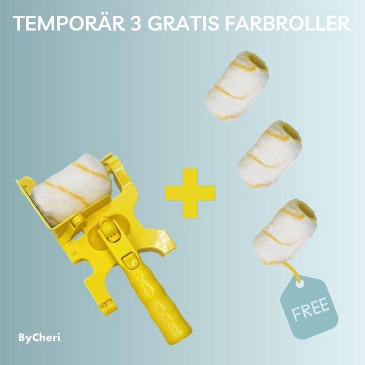Outil jaune avec son rouleau, accompagné de trois rouleaux de recharge blancs à rayures jaunes offerts, sur fond bleu-gris dégradé. 10