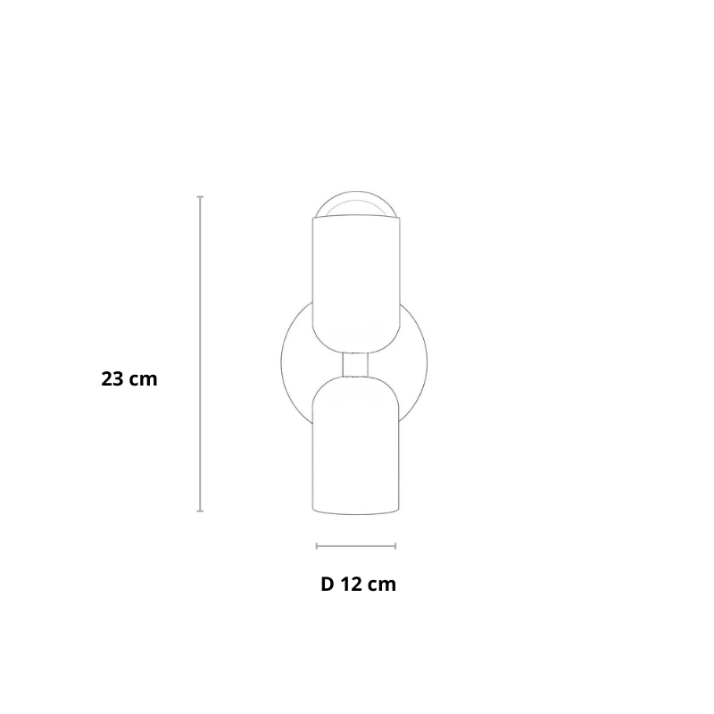 Schéma technique au trait de l'applique à deux tubes et platine ronde, avec indication de la hauteur et du diamètre. 23