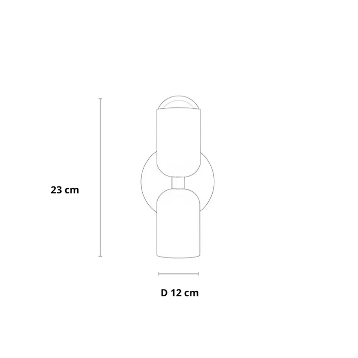 Schéma technique au trait de l'applique à deux tubes et platine ronde, avec indication de la hauteur et du diamètre. 23