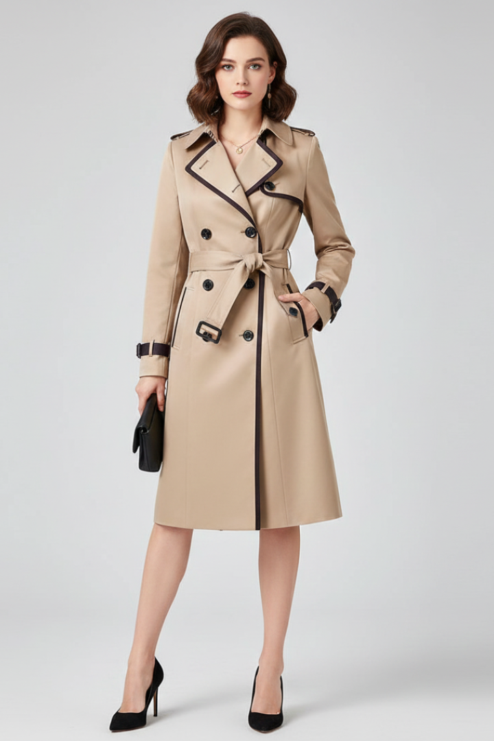 Femme portant le trench beige à liserés foncés, vue de face, ceinture nouée, une main dans la poche, pochette noire et escarpins. 2