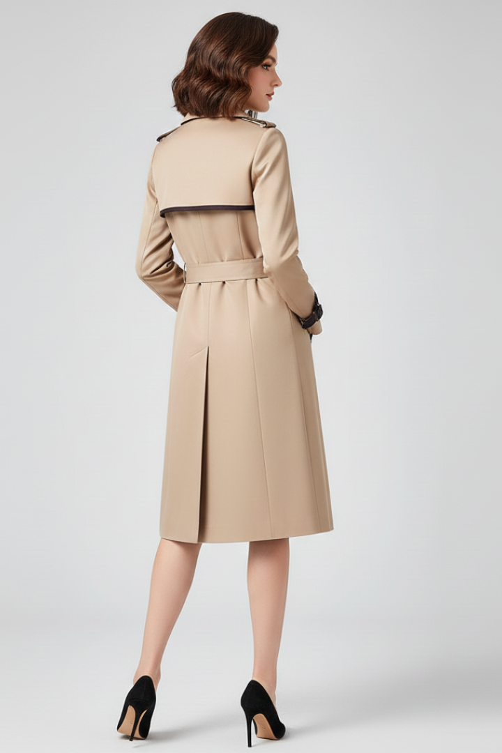 Mannequin de dos portant le trench beige, avec la ceinture à la taille, la pèlerine dorsale bordée de foncé et le pli creux. 4