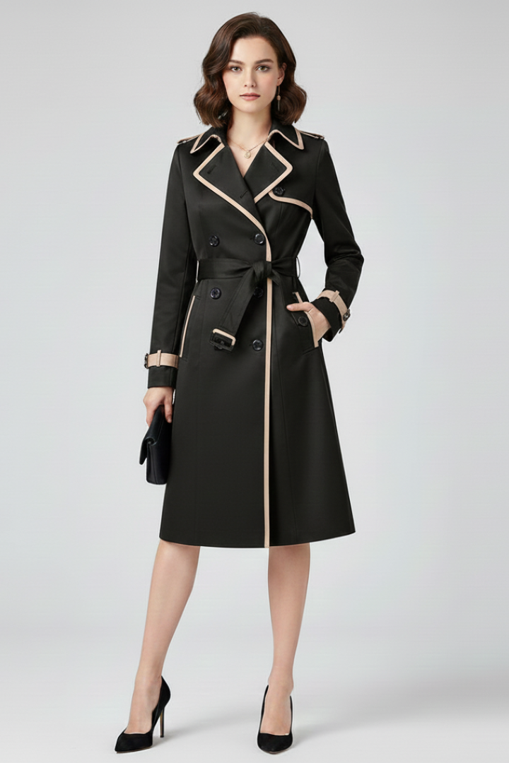 Version noire du trench à liserés beiges portée par un mannequin de face, ceinture nouée, pochette noire à la main. 5