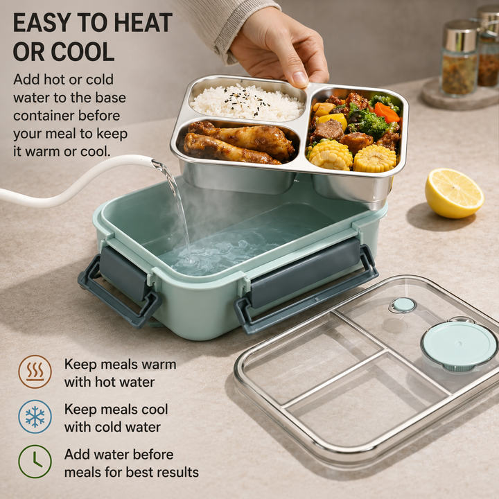 Un plateau inox garni de riz, poulet et légumes est tenu au-dessus de la base turquoise où l'on verse de l'eau chaude. 10