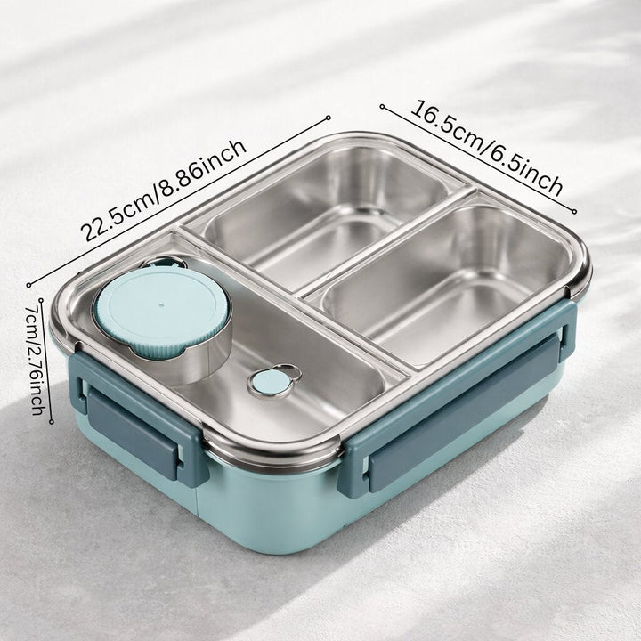 Boîte repas turquoise vide à trois compartiments inox, avec petit pot rond, vue du dessus annotée de ses dimensions en centimètres et en pouces. 11