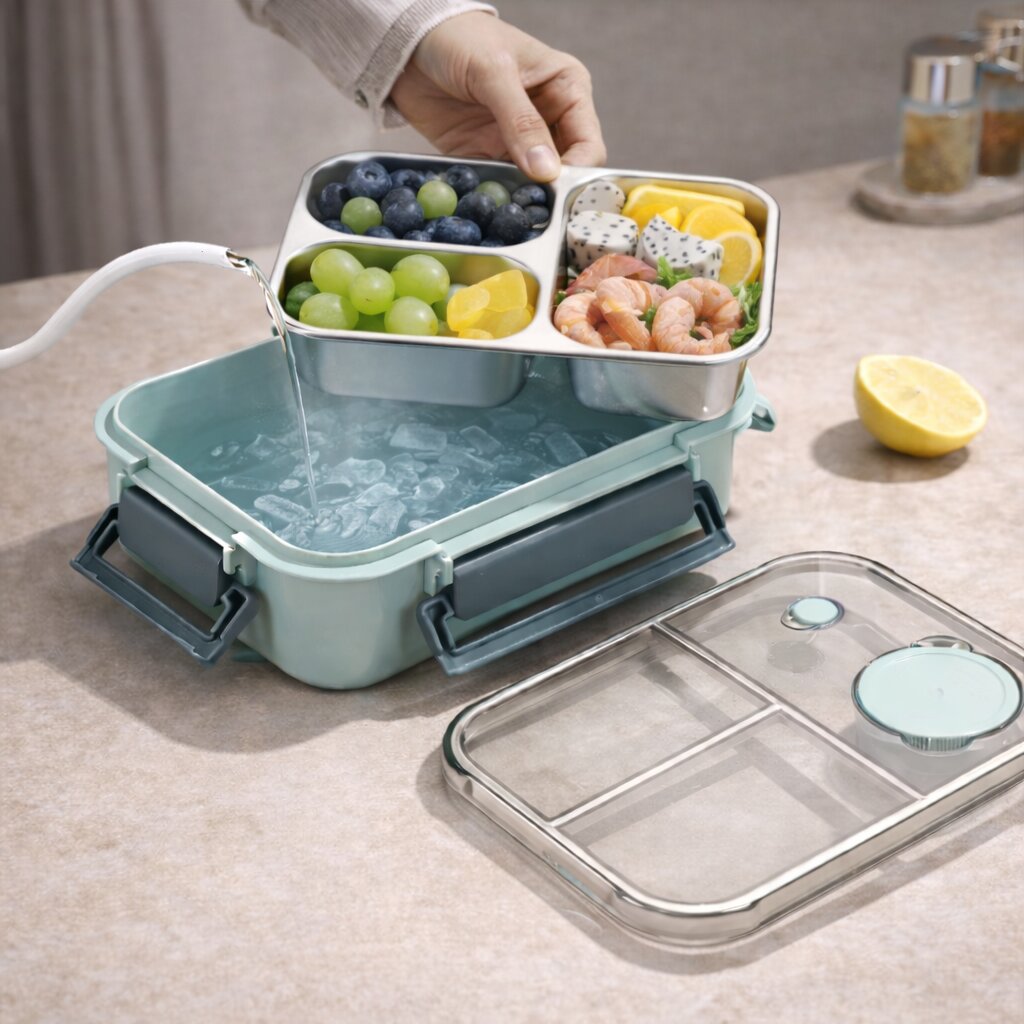 Un plateau inox garni de fruits et crevettes est soulevé au-dessus de la base turquoise, où l'on verse de l'eau et des glaçons. 2