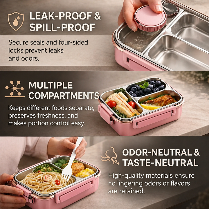 Trois vues d'une boîte repas rose: petit pot à sauce dans sa main, compartiments garnis de myrtilles et sandwichs, repas mangé à la fourchette. 6