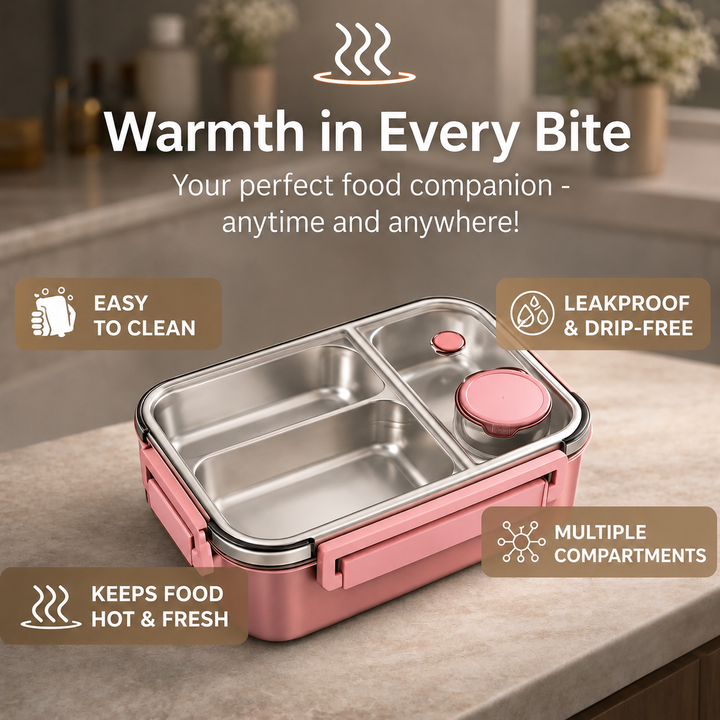 Boîte repas rose vide en inox avec trois compartiments, un petit pot rond et deux fermoirs latéraux, posée sur un plan de travail. 7
