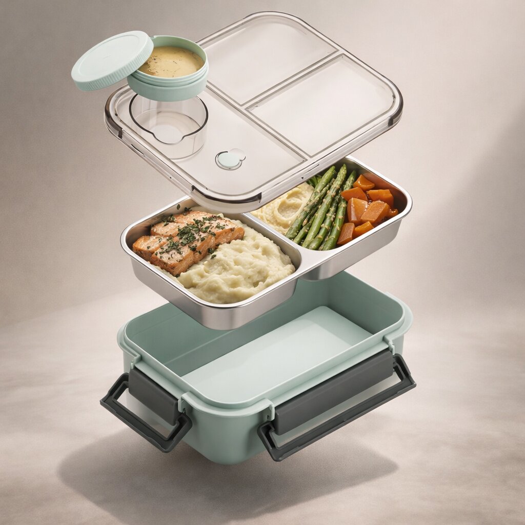 Vue éclatée de la boîte turquoise: couvercle transparent avec pot à sauce, plateau inox garni de saumon et légumes, base isotherme à fermoirs gris. 9