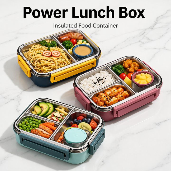 Trois boîtes repas à compartiments en acier inoxydable, jaune et bleu marine, rose et turquoise, garnies de plats variés sur du marbre. 1