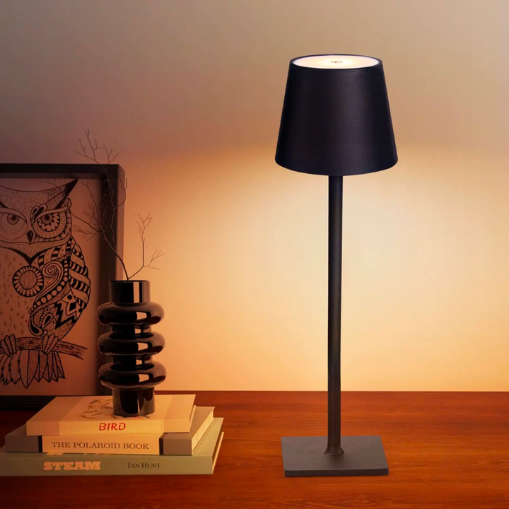 Lampe noire allumée sur une table en bois, près d'une pile de livres, d'un vase en céramique et d'un cadre avec un hibou. 1