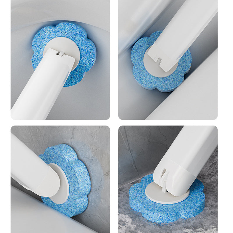 Quatre gros plans de la tête bleue en fleur sur le manche, nettoyant l'intérieur et le fond de la cuvette. 12