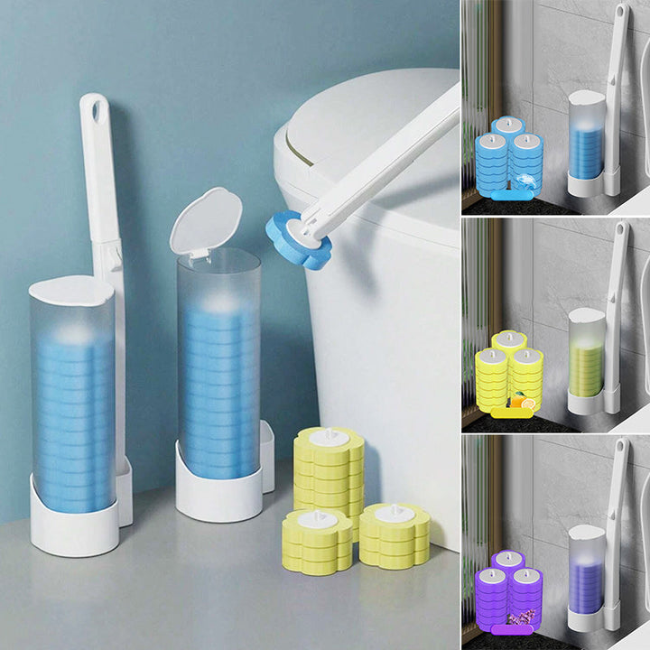 Composition montrant le set sur fond bleu et trois variantes de recharges : bleue, jaune au citron et violette. 16