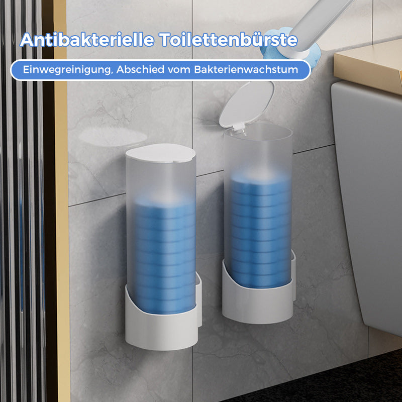 Deux distributeurs muraux translucides contenant des têtes d'éponge bleues empilées, fixés au carrelage clair d'une salle de bain. 2