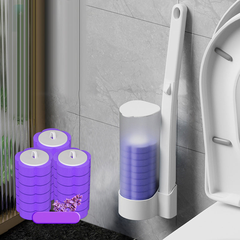 Distributeur mural de têtes violettes avec trois piles de recharges violettes, un brin de lavande et une pastille violette. 20