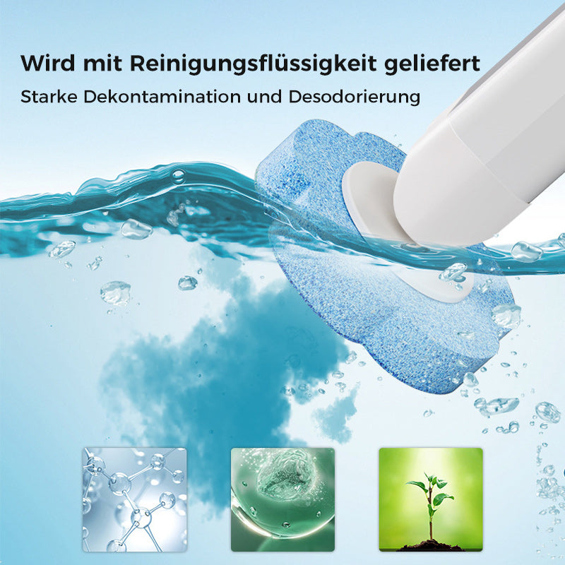 Tête d'éponge bleue fixée au manche blanc, plongée dans l'eau, avec trois petites images illustrant l'effet nettoyant. 4