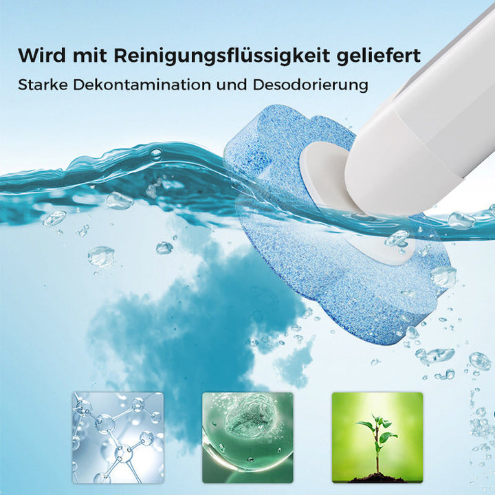 Tête d'éponge bleue fixée au manche blanc, plongée dans l'eau, avec trois petites images illustrant l'effet nettoyant. 4