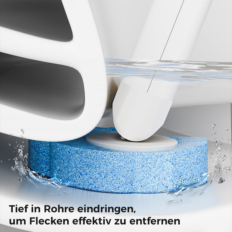 Gros plan sous le rebord de la cuvette : la tête bleue en forme de fleur nettoie en profondeur, avec des éclaboussures d'eau. 5