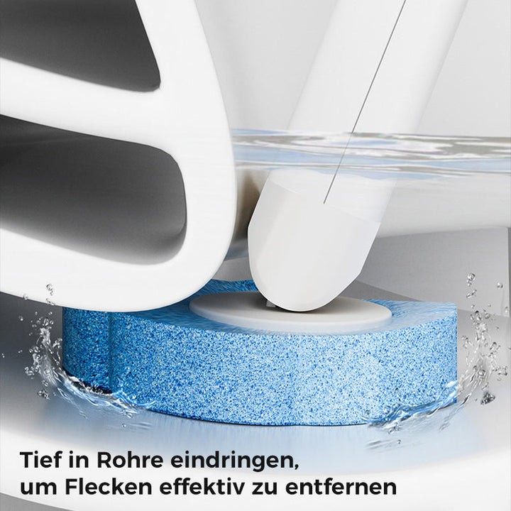 Gros plan sous le rebord de la cuvette : la tête bleue en forme de fleur nettoie en profondeur, avec des éclaboussures d'eau. 5