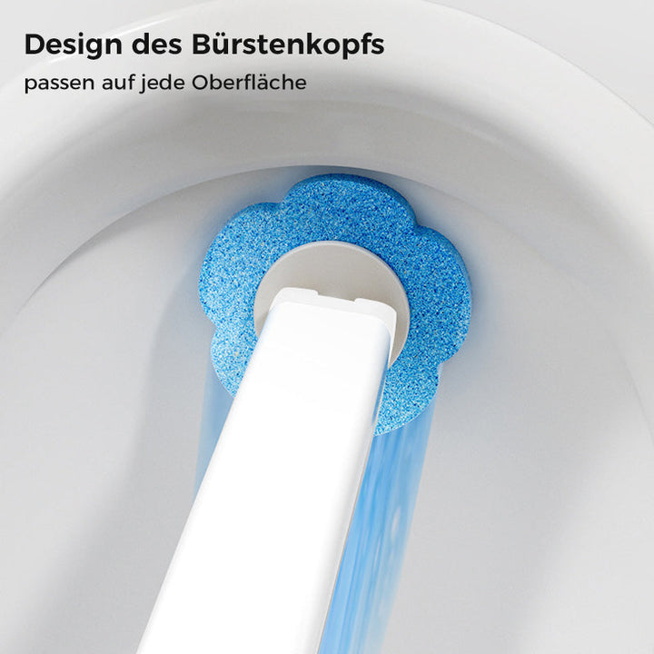 Tête en forme de fleur bleue fixée au manche blanc, vue du dessus à l'intérieur de la cuvette des toilettes. 6