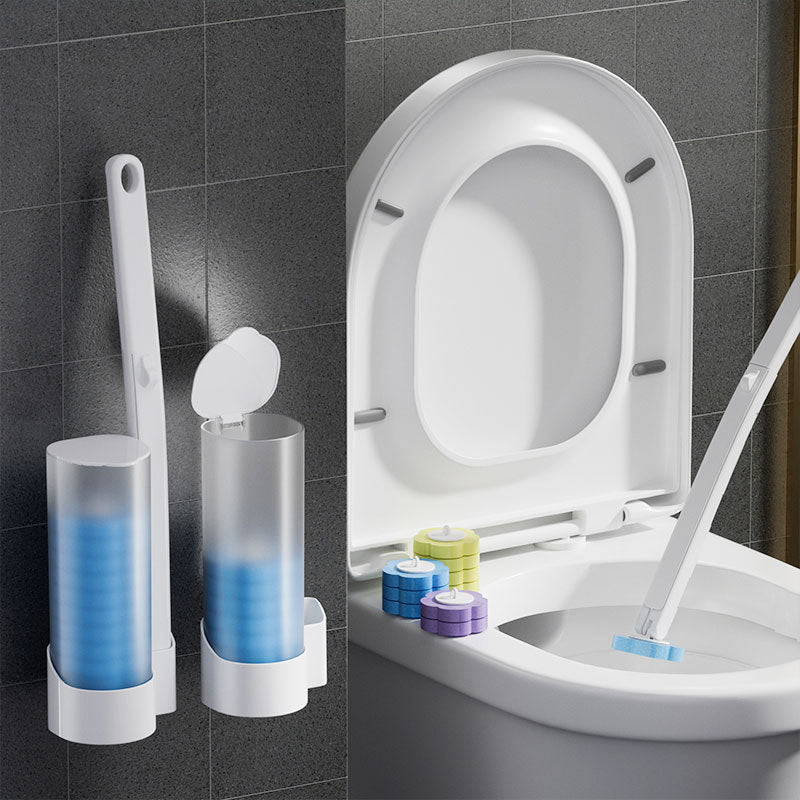 Manche blanc et deux boîtiers muraux remplis de têtes bleues, avec des têtes de couleurs variées et une brosse nettoyant une cuvette. 1