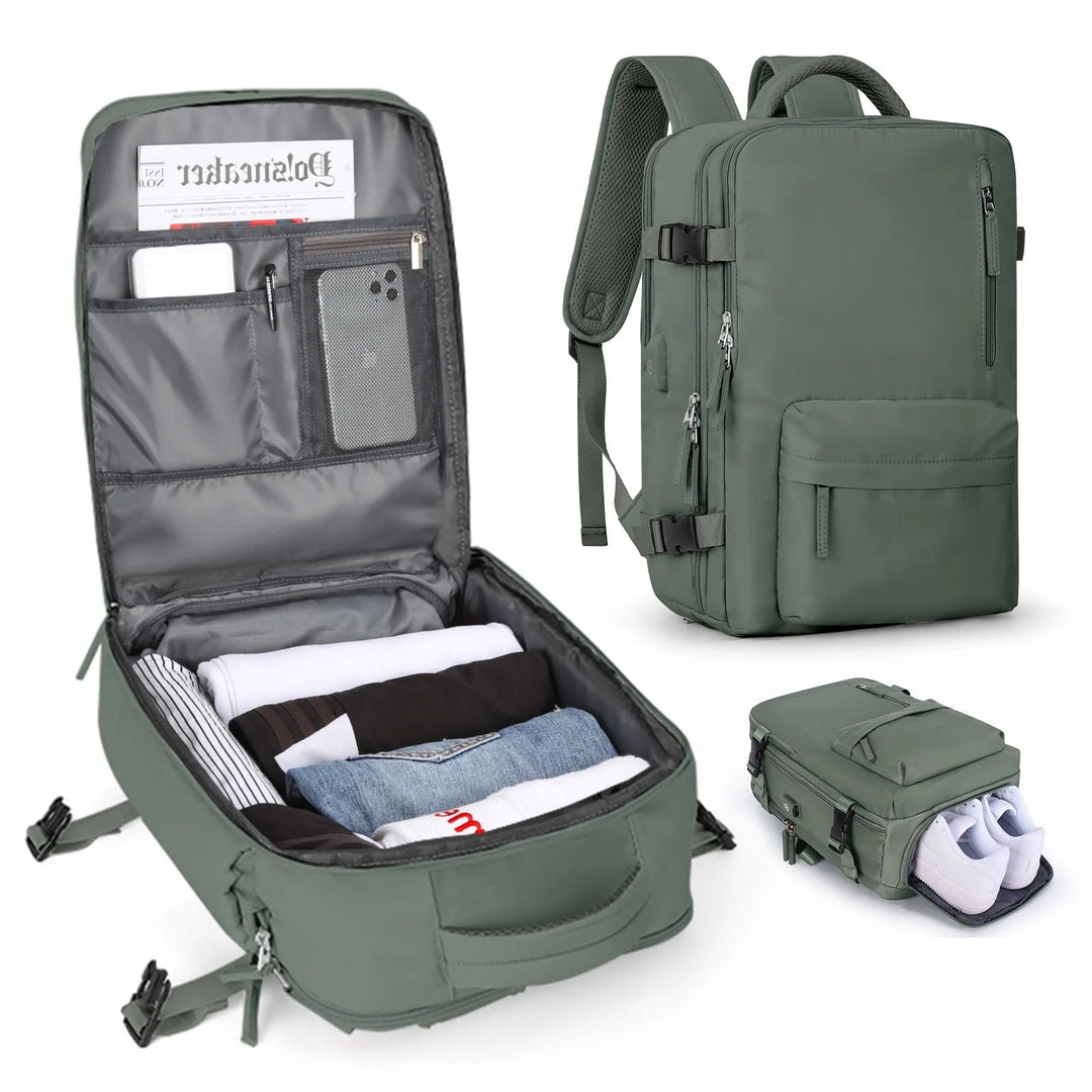 Sac à dos vert olive ouvert avec vêtements pliés et poches intérieures, vu de face avec compartiment à chaussures contenant des baskets blanches. 13